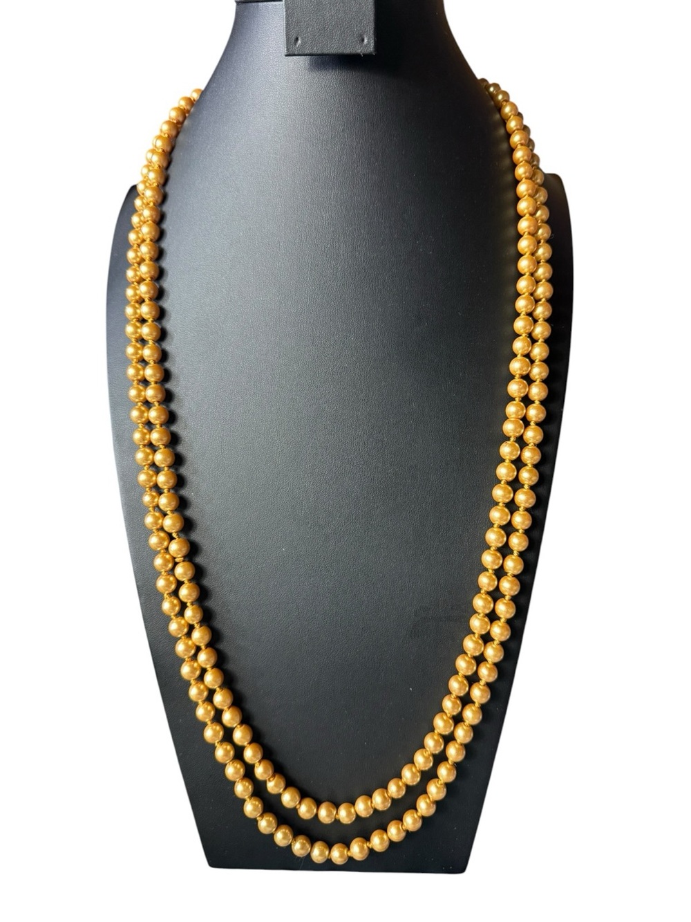 3361. Vintage Mustard Glass Faux Pearl Necklace 68” Long Strand Gold Tone Beads